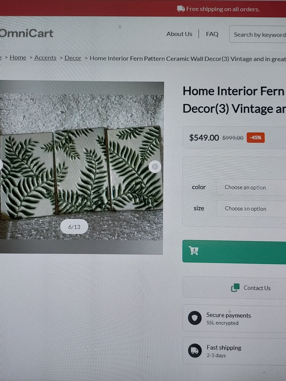 Home Interiors Green Fern Ceramic Wall Decor Triptych 2 Panels.